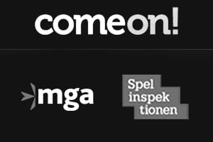 Nätcasinot ComeOns logotyp tillsammans med sigill fran MGA och Spelinspektionen