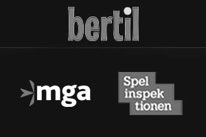 Bild på bertil Casinos logga och de olika spellicenserna MGA och Spelinspektionen.