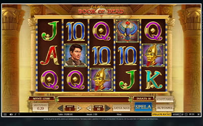 Bild som visar spelplanen i spelautomaten Book of Dead hos No Account Casino.