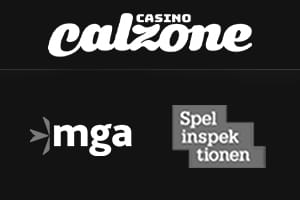 Bild på Casino Calzones logga och de olika spellicenserna från MGA och Spelinspektionen.