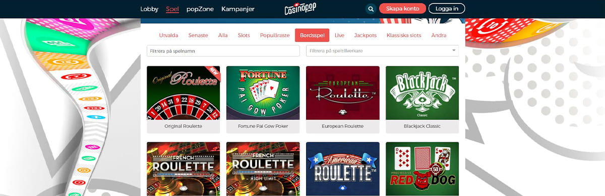 Bild som visar utbudet av bordsspel hos casinosajten Casinopop.