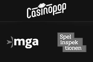 Casinopops logotyp bredvid sigill från mga UK Gambling Commission Askgamblers Stödlinjen och Spelinspektionen