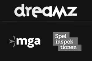 Bild på Dreamz olika former av spellicenser MGA och Spelinspektionen.