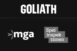 Goliath casinos logotyp bredvid sigill från MGA och Spelinspektionen.