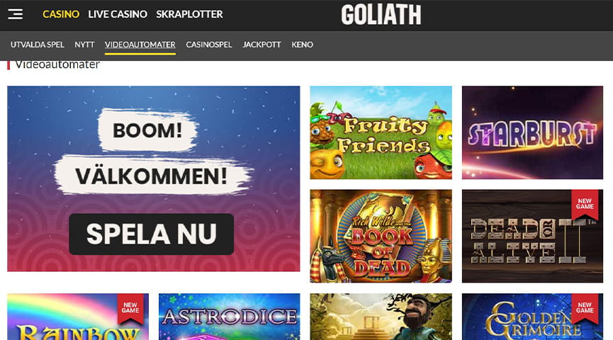 Bild som visar utbudet av slots hos casinosajten Goliath Casino.