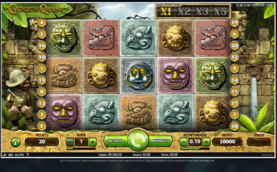 Bild som visar spelplanen i spelautomaten Gonzos Quest hos No Account Casino.