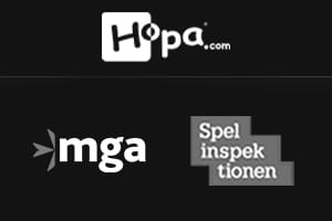 Hopas logotyp bredvid sigill från MGA och Spelinspektionen.