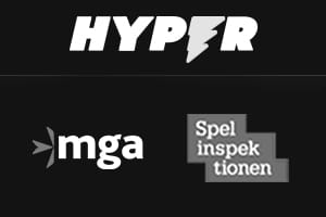 Bild på Hyper Casinos logga och de olika spellicenserna MGA och Spelinspektionen.