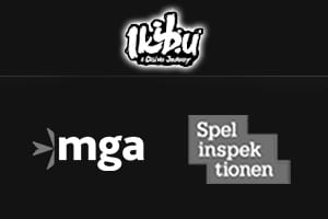 Bild på ikibu Casinos logga och de olika spellicenserna MGA och Spelinspektionen.