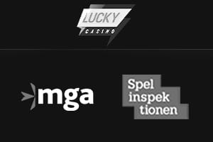 Bild som visar Lucky Casinos logotyp bredvid sigill fran Spelinspektionen och MGA