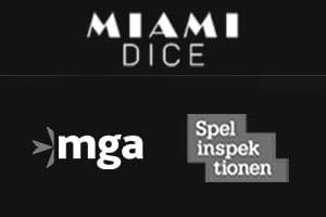 Bild som visar Miami Dices logotyp bredvid sigill från MGA Spelinspektionen