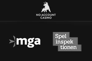 No Account Casinos logotyp bredvid sigill från MGA och Spelinspektionen