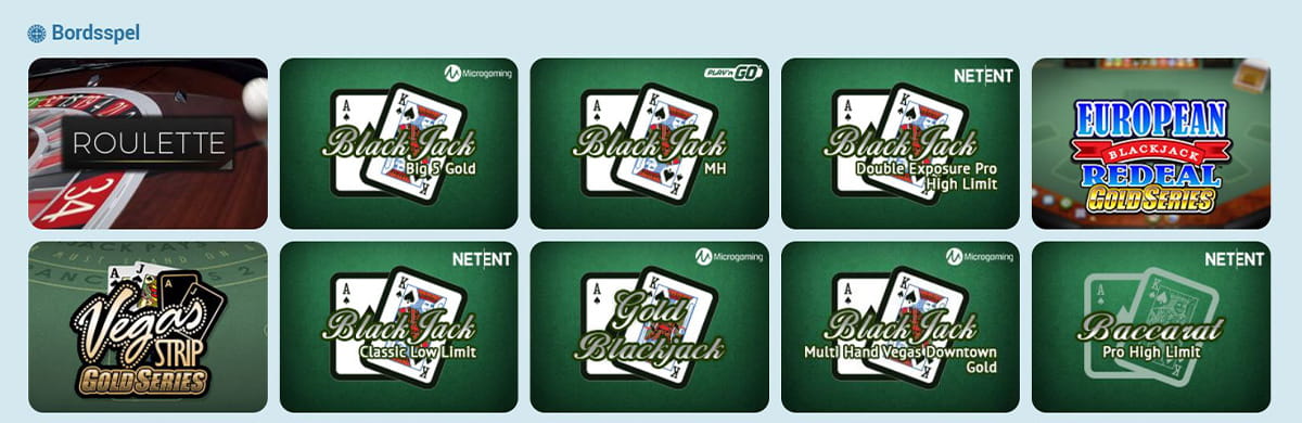 Bild som visar utbudet av bordsspel hos casinosajten Sweden Casino.